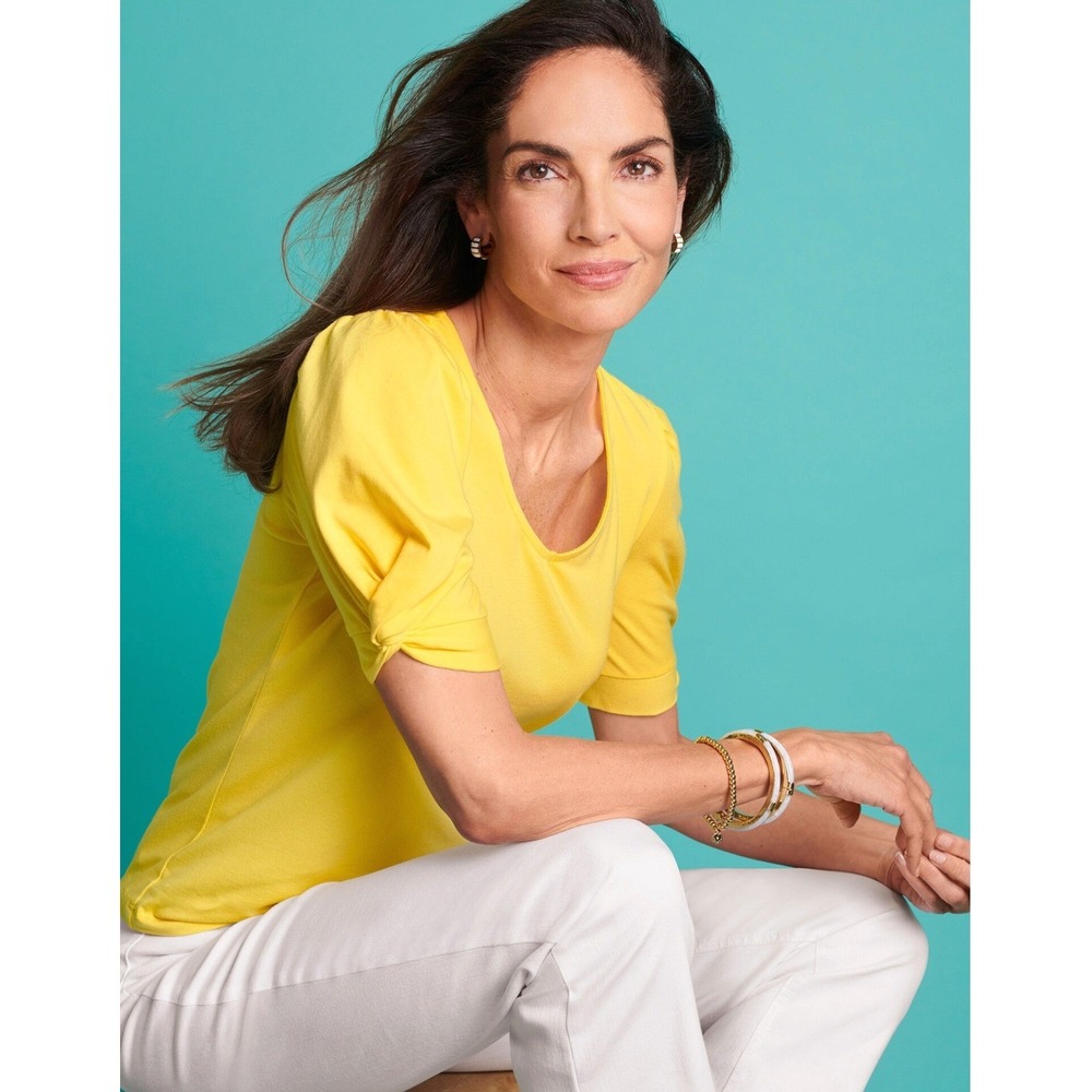 Talbots Elbow Puff Short Sleeve Tee Shirt Top Sz Large Bright Yellow V-Neck